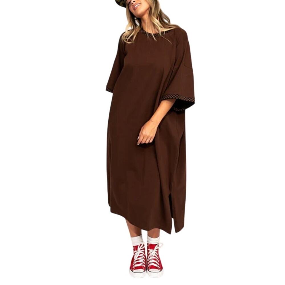 Dressed in Lala Frankie Mocha Checker Boxy Oversized Shirt Midi Dress Size XL